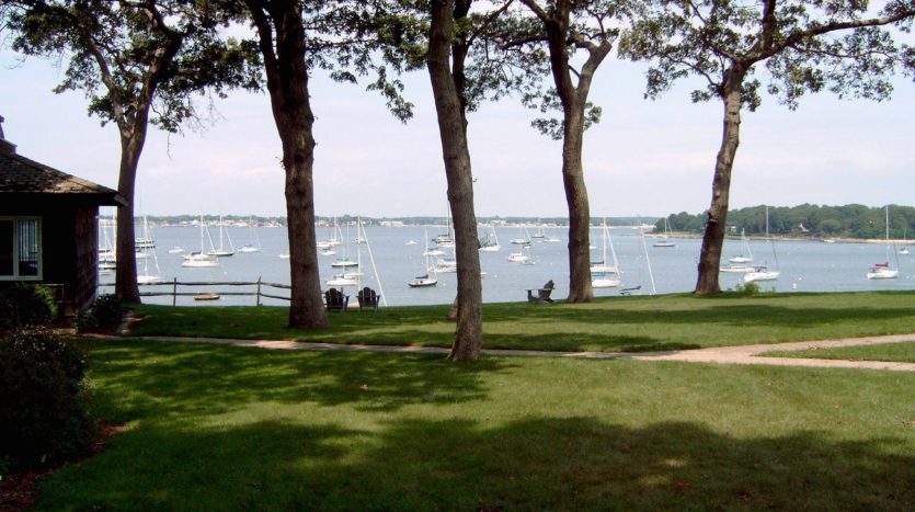 Yachts in the bay beyond the trees